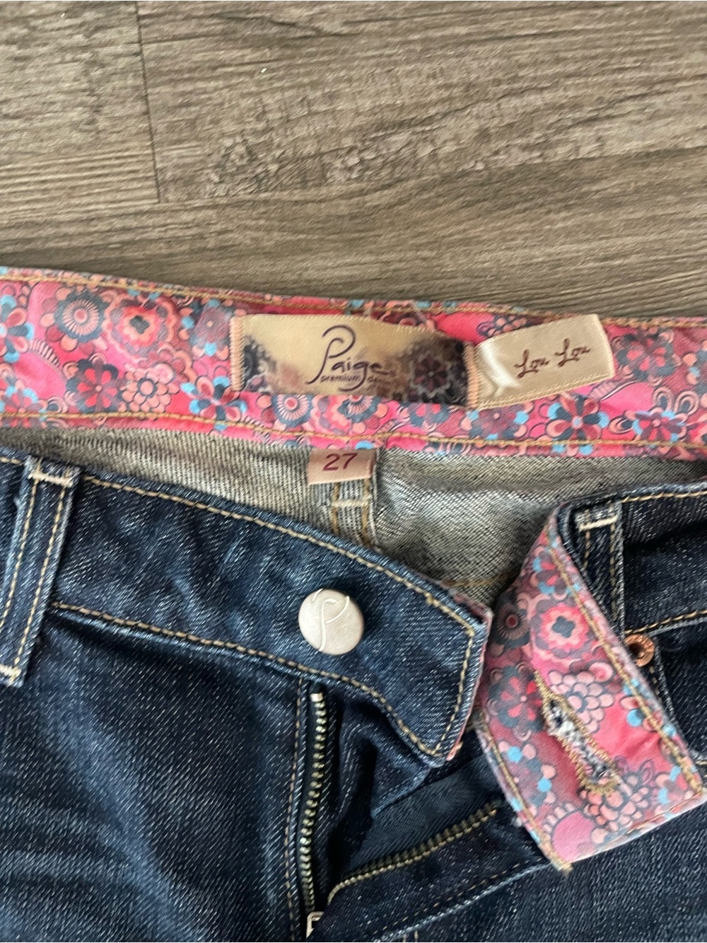 PAIGE Dark Blue Flare Jeans with Pink Waistband Detail - Picture 4 of 5
